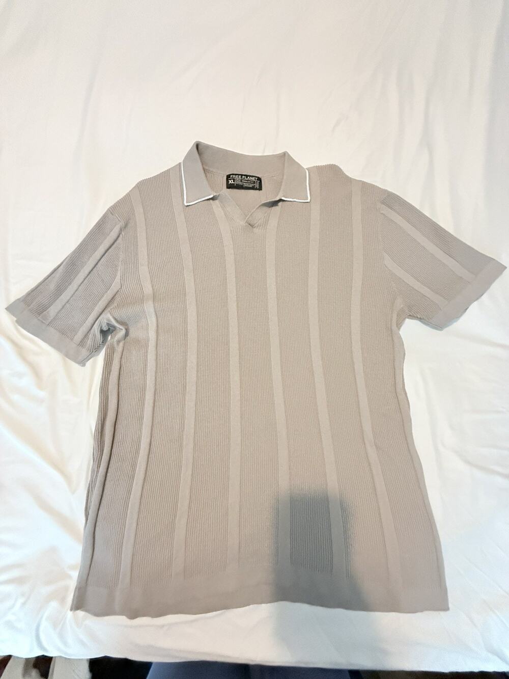 Free Planet Mens XL Knit Polo Shirt Taupe Brown Ribbed Cotton V Neck